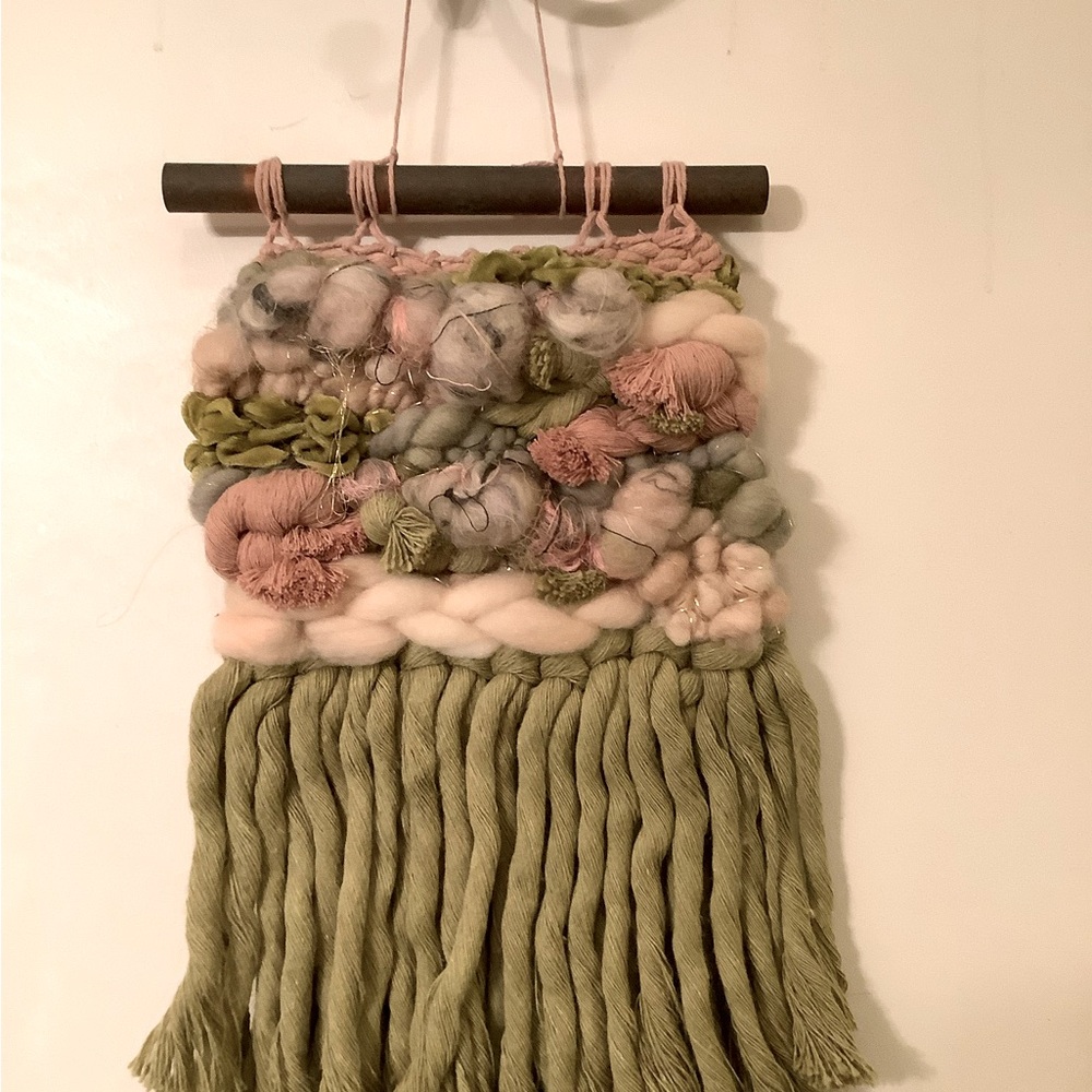 Handmade Woven Wall Hanging in Chartreuse Green and Pink, Macrame, moving